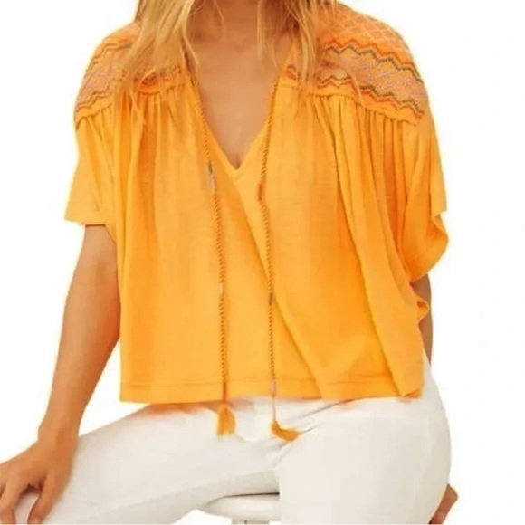 Free People Market Embroidered V-Neck Top in Carrot Ginger Orange Cotton Blend - Picture 5 of 16